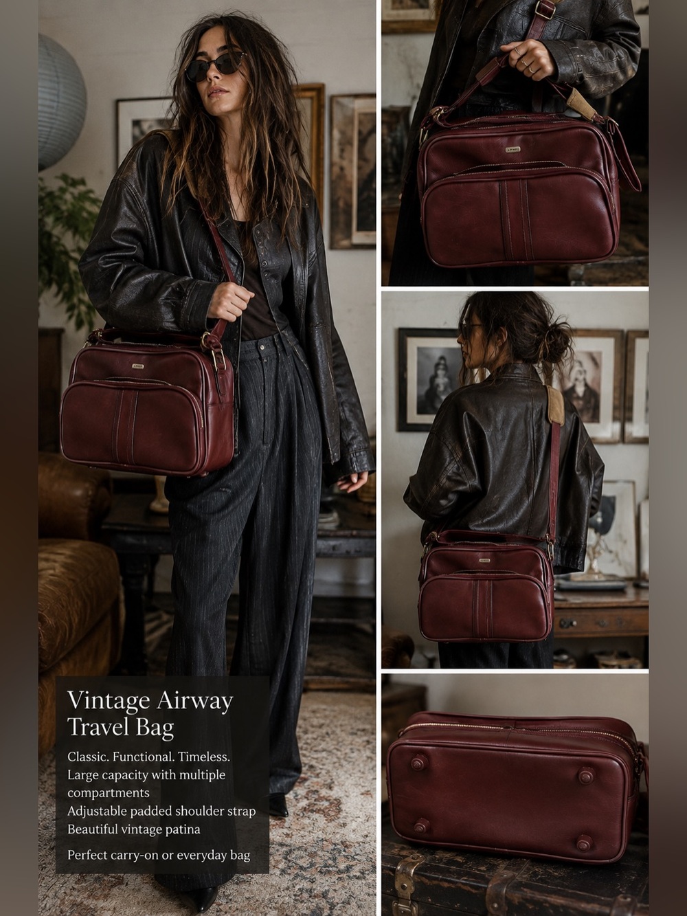 Vintage Airway Oxblood Burgundy Leather Travel Flight Bag Shoulder Carry On